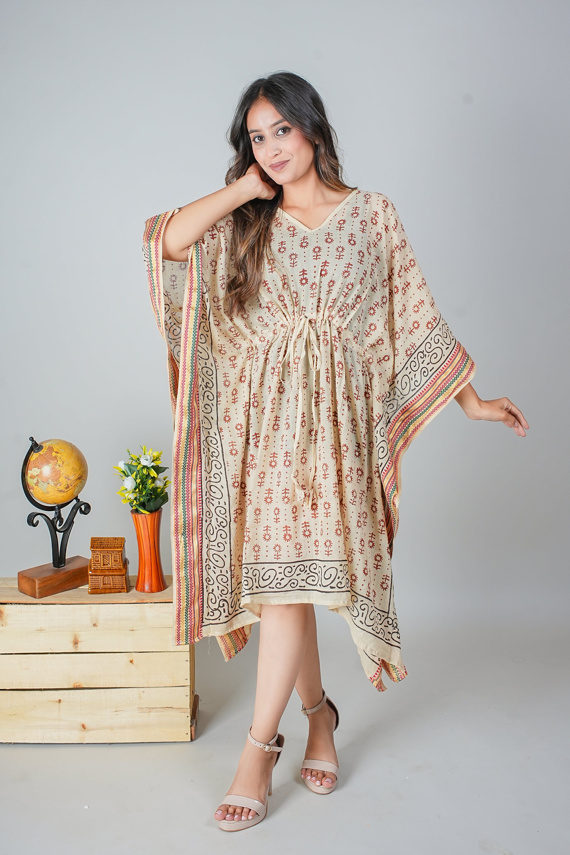 Hand Block Printed Cotton Kaftan Dress – Rust Floral Motifs on Beige with Tribal Borders (Free Size)