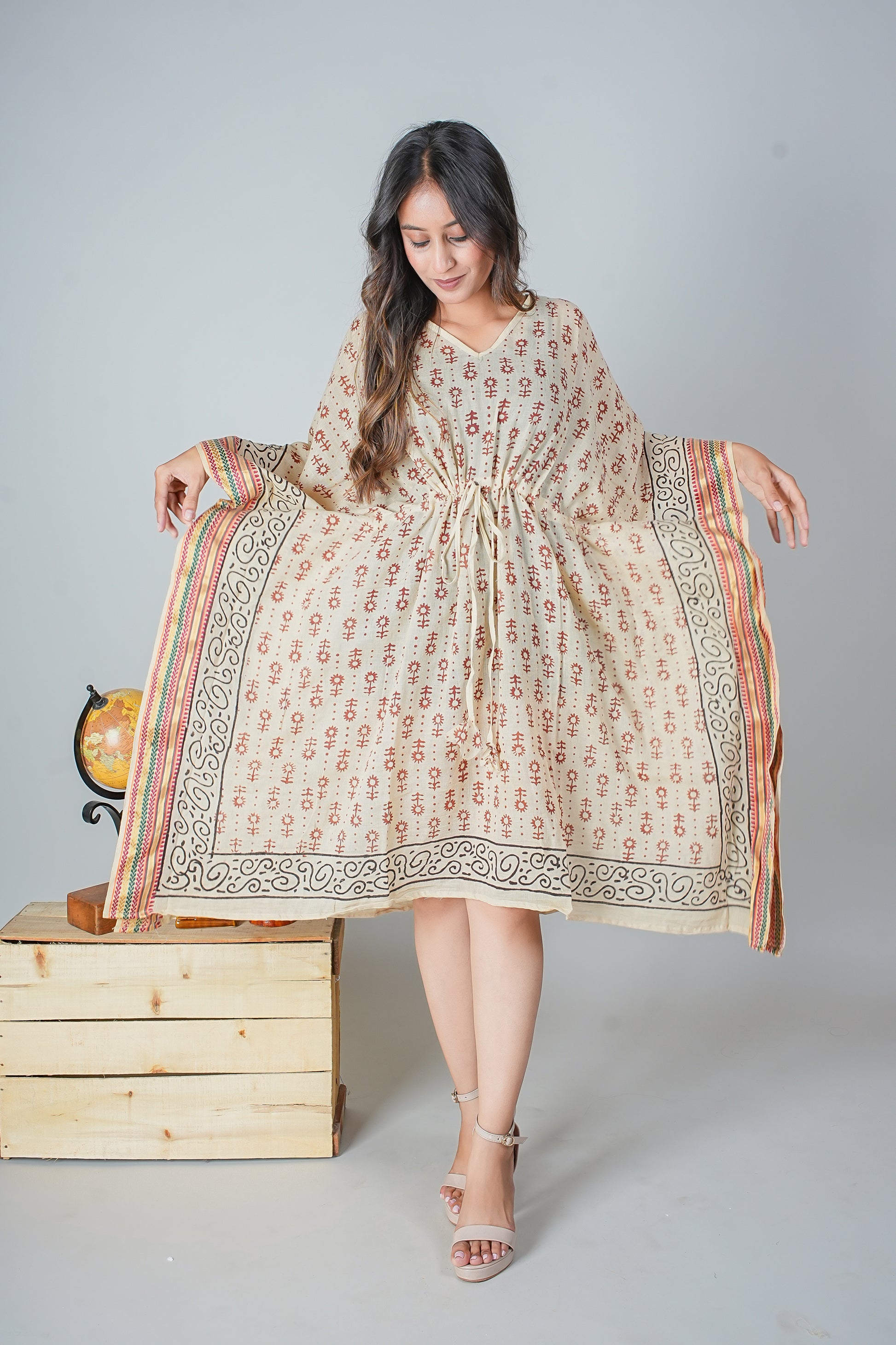 Hand Block Printed Cotton Kaftan Dress – Rust Floral Motifs on Beige with Tribal Borders (Free Size)