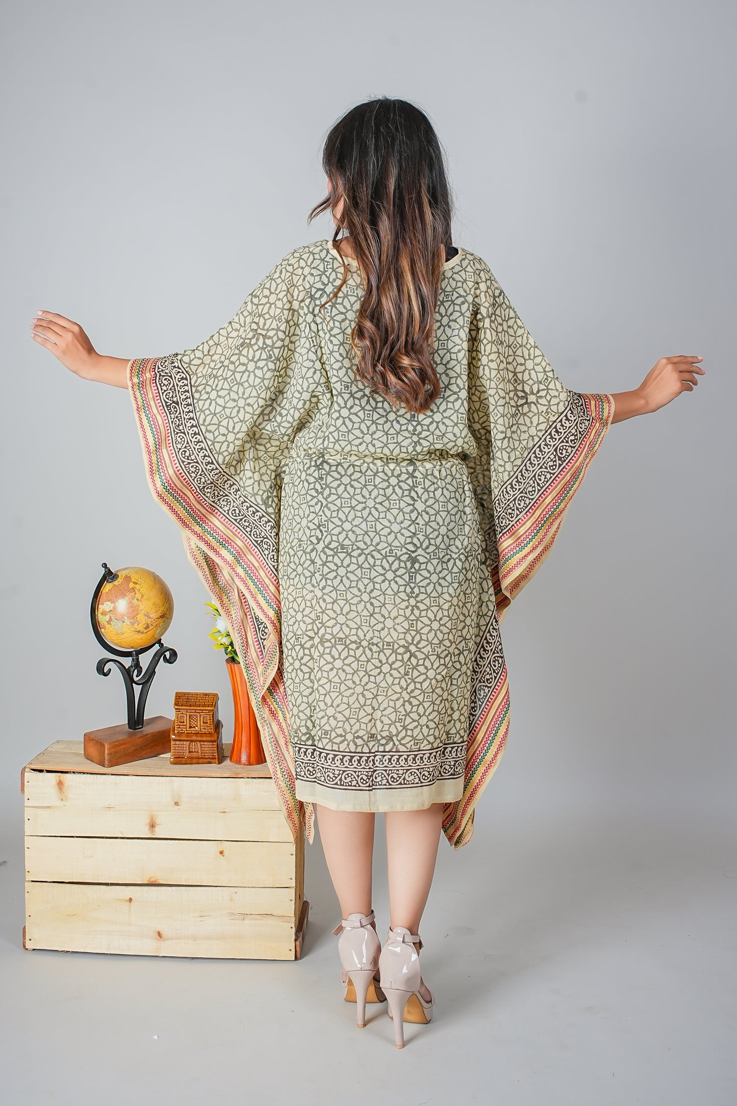 Olive Geometric Hand Block Printed Cotton Kaftan with Multicolor Borders