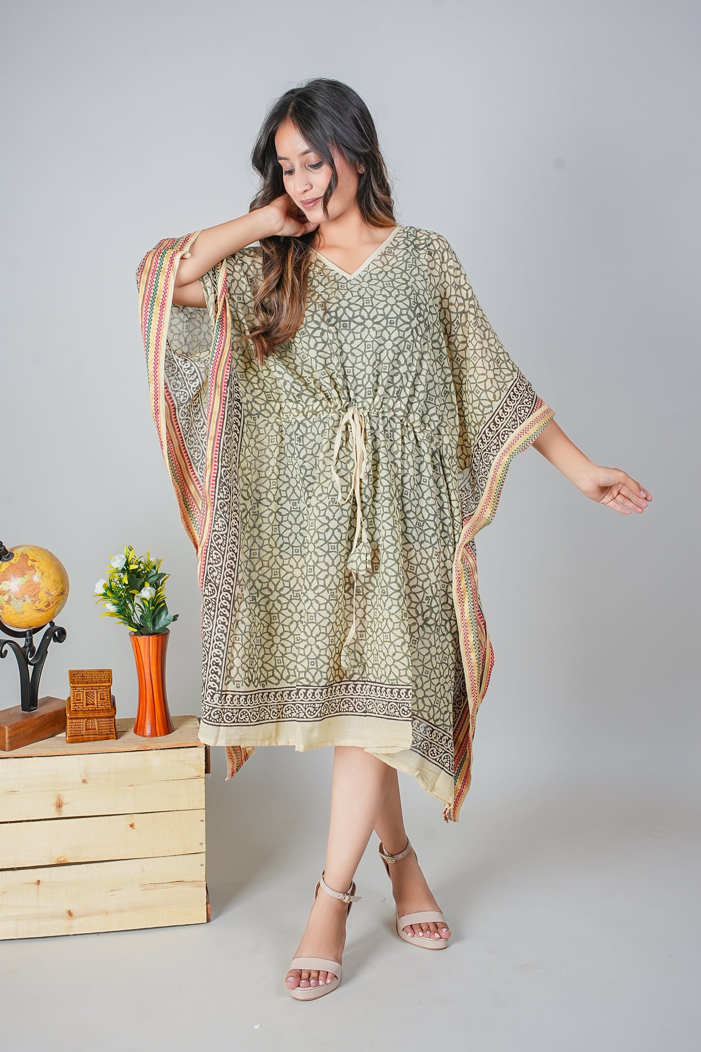 Olive Geometric Hand Block Printed Cotton Kaftan with Multicolor Borders
