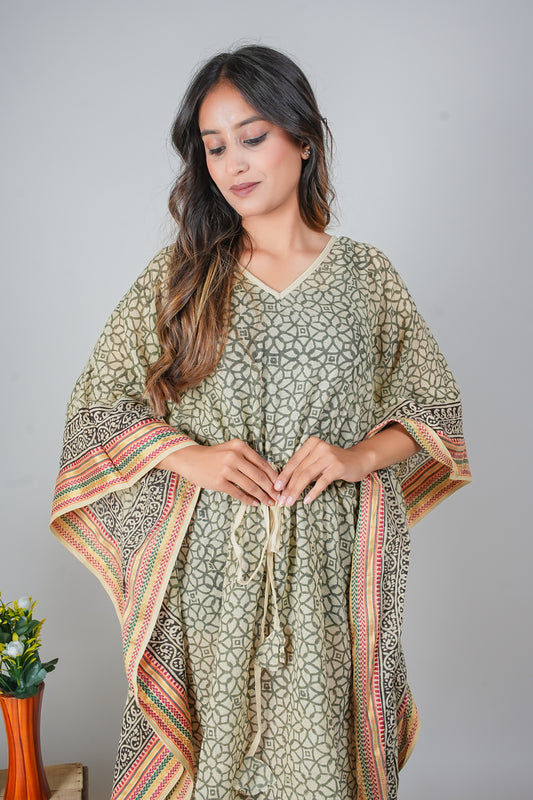 Olive Geometric Hand Block Printed Cotton Kaftan with Multicolor Borders