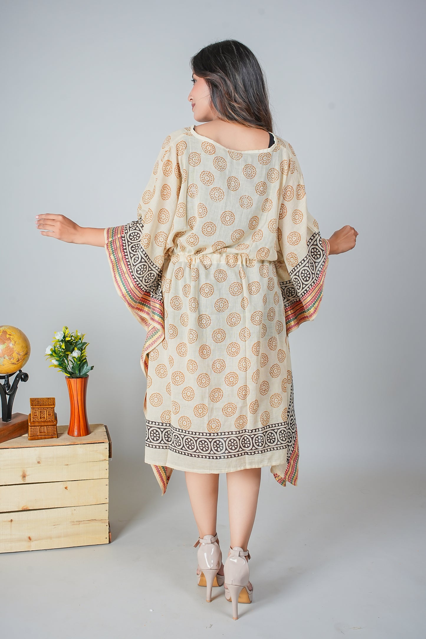 Cream Beige Hand Block Printed Cotton Kaftan with Circular Motifs