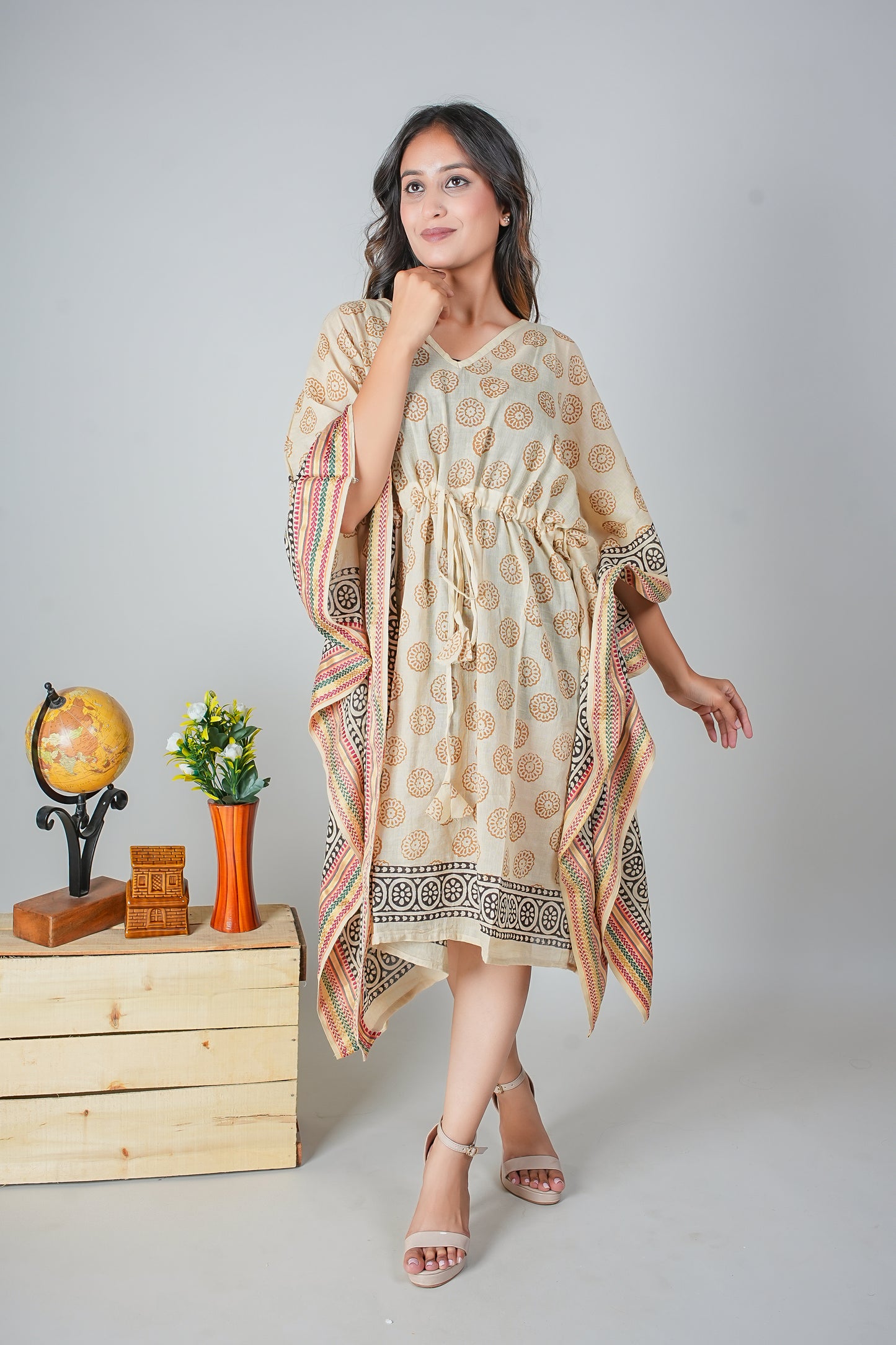 Cream Beige Hand Block Printed Cotton Kaftan with Circular Motifs