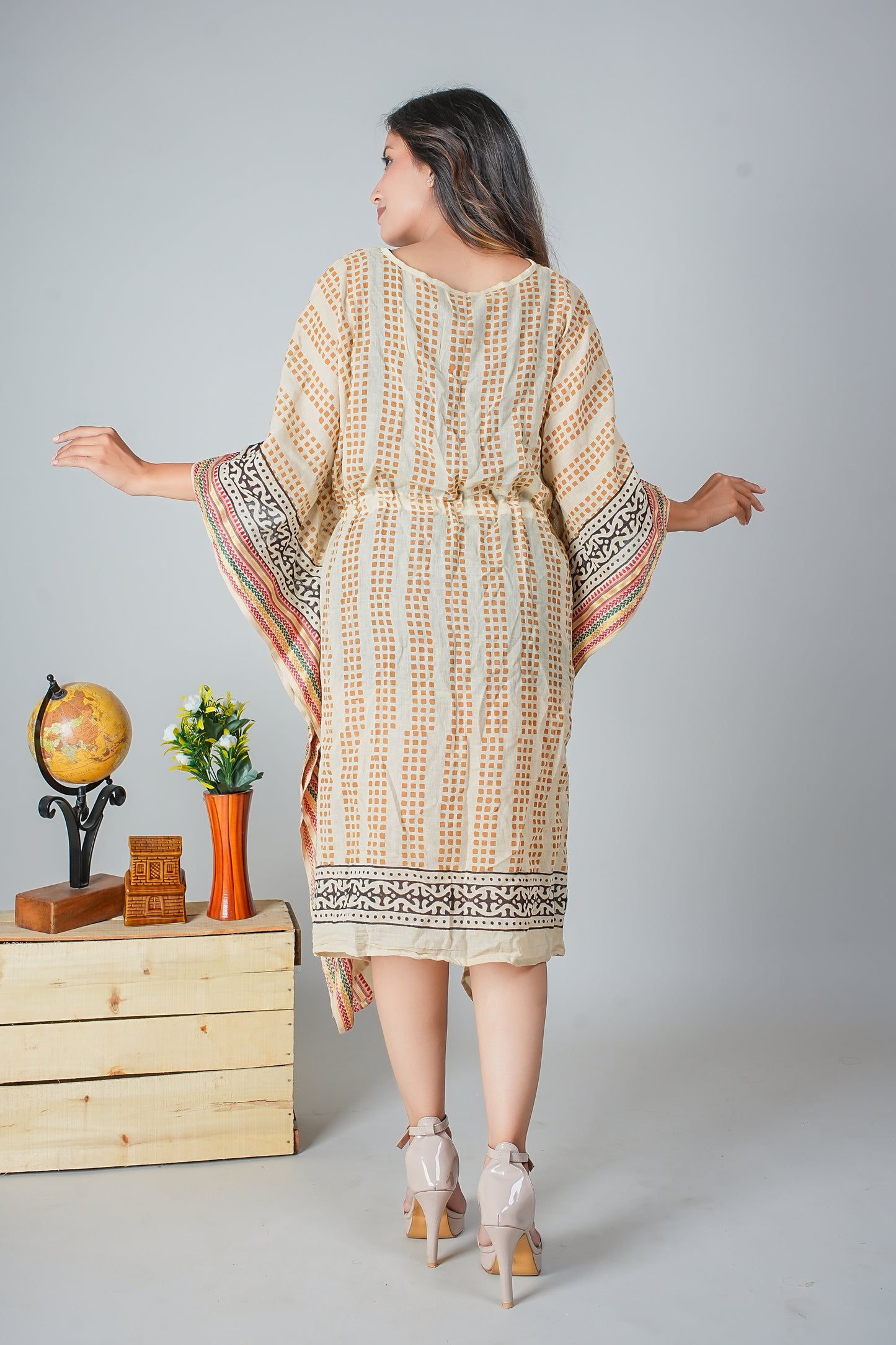 Beige Hand Block Printed Cotton Caftan with Rust Geometric Dots and Tribal Border