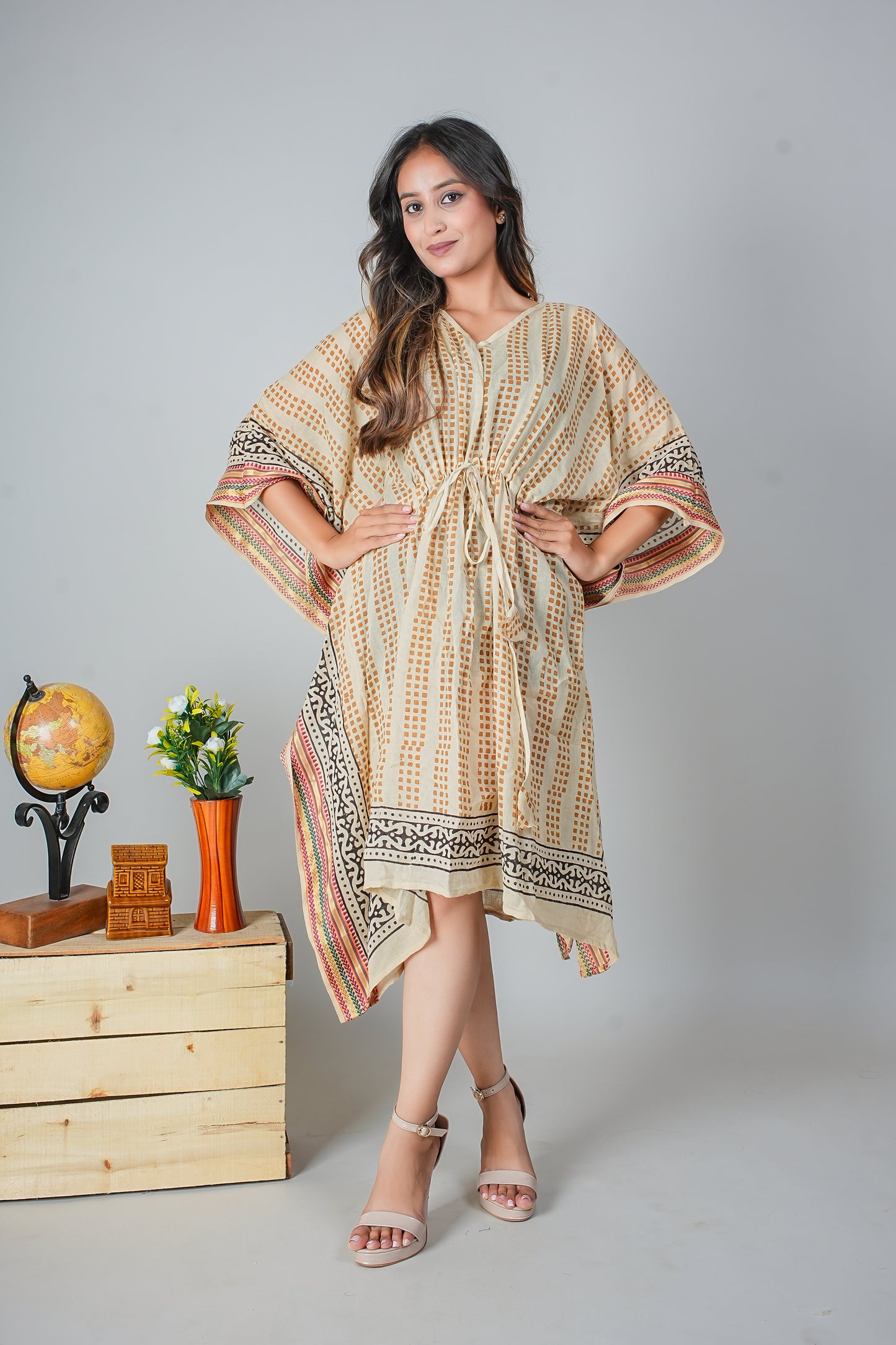 Beige Hand Block Printed Cotton Caftan with Rust Geometric Dots and Tribal Border