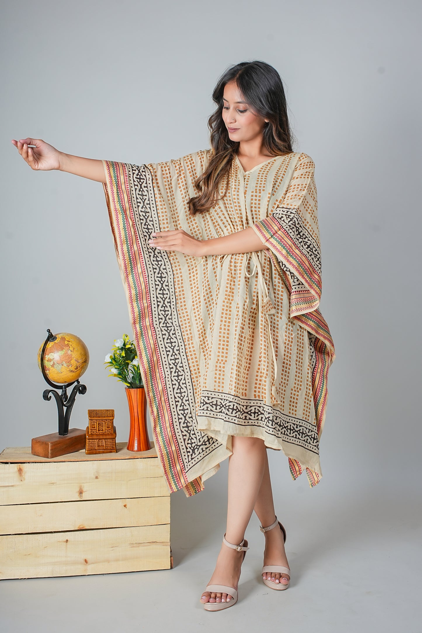 Beige Hand Block Printed Cotton Caftan with Rust Geometric Dots and Tribal Border
