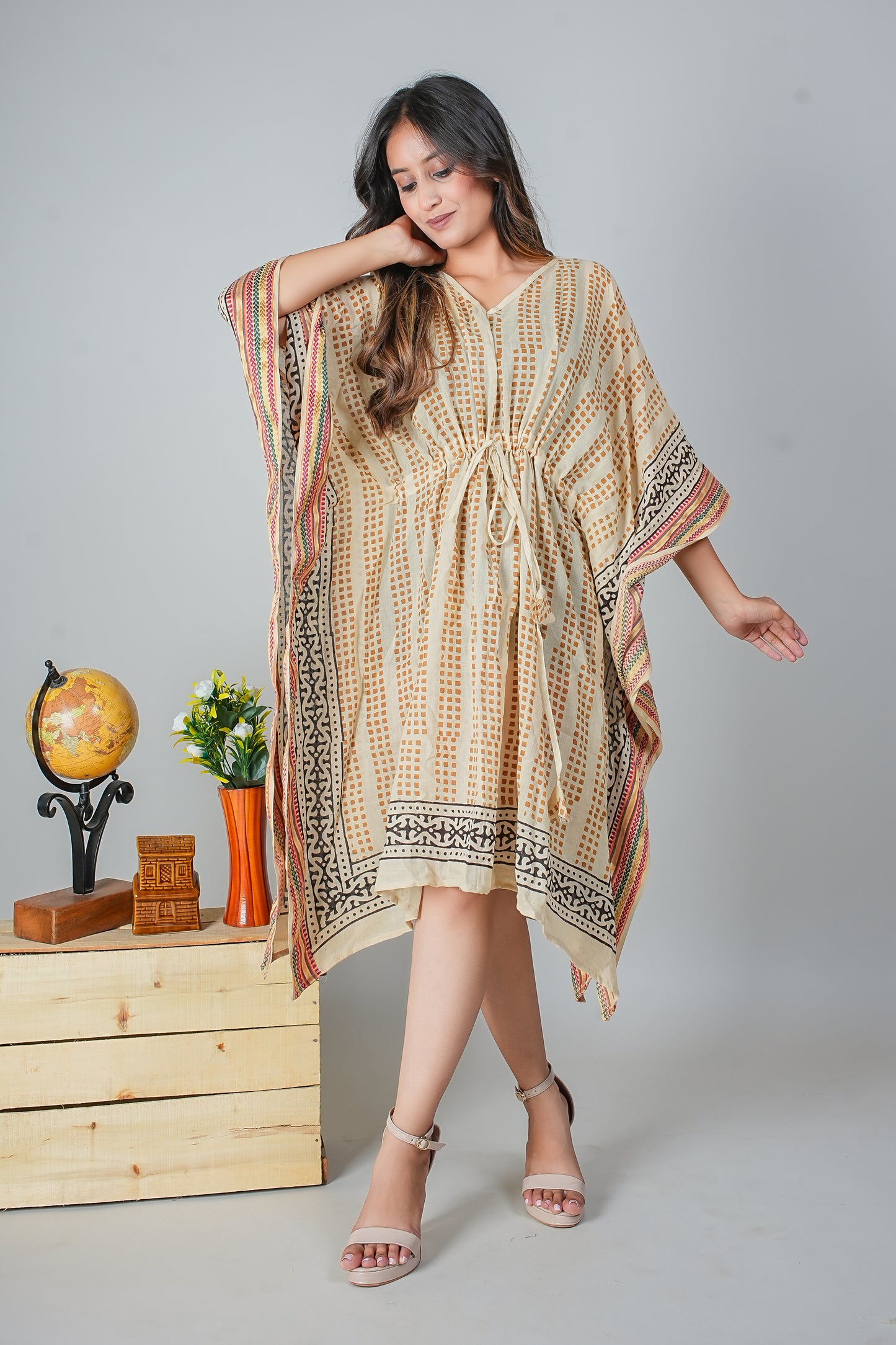 Beige Hand Block Printed Cotton Caftan with Rust Geometric Dots and Tribal Border