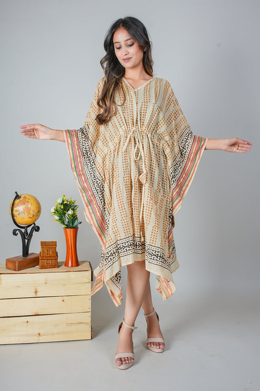 Beige Hand Block Printed Cotton Caftan with Rust Geometric Dots and Tribal Border