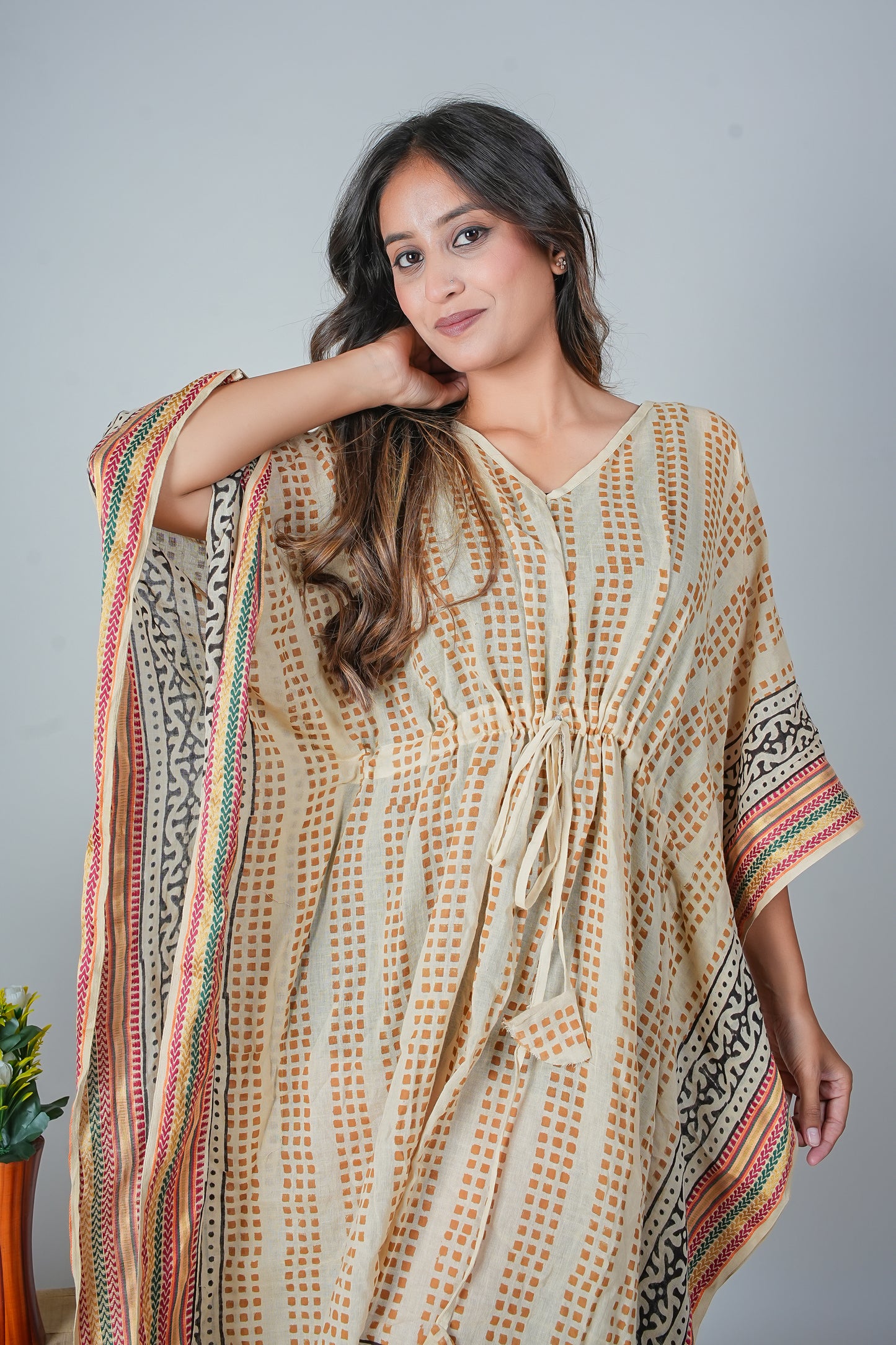 Beige Hand Block Printed Cotton Caftan with Rust Geometric Dots and Tribal Border