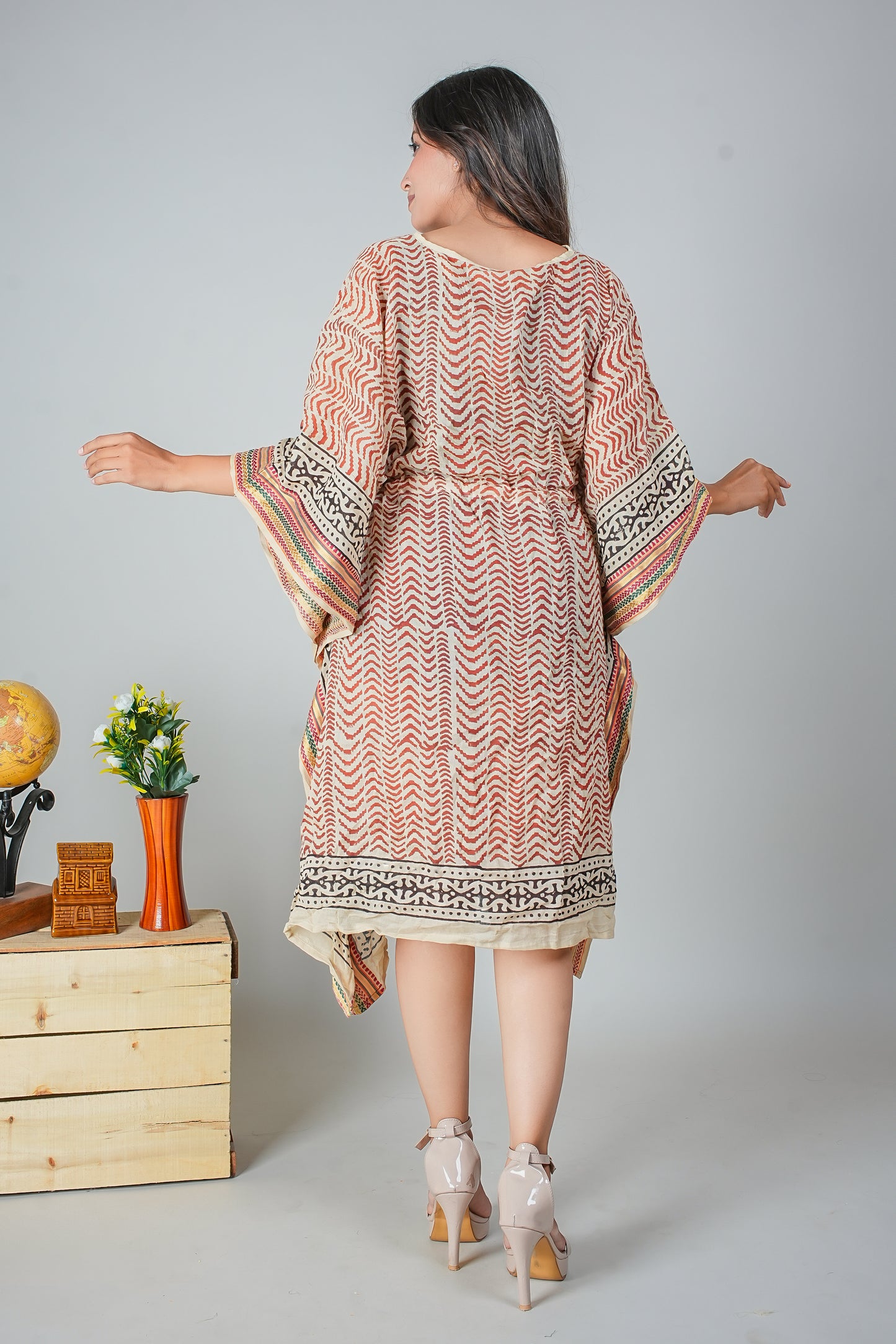 Earthy Zigzag Hand Block Printed Cotton Kaftan – Free Size Loungewear
