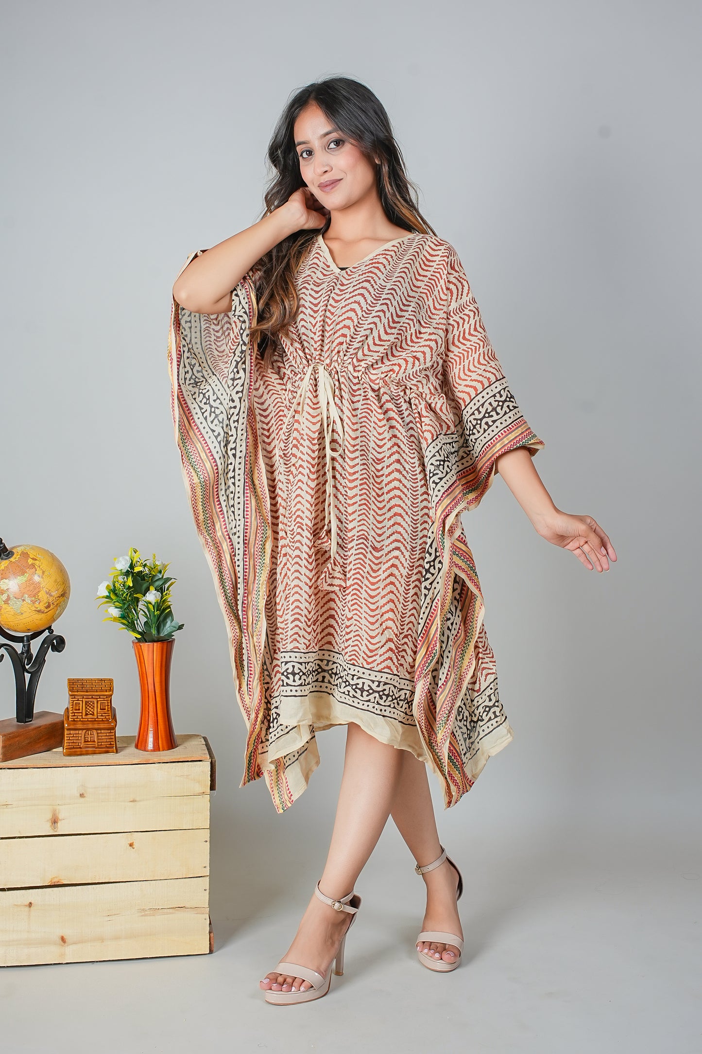 Earthy Zigzag Hand Block Printed Cotton Kaftan – Free Size Loungewear