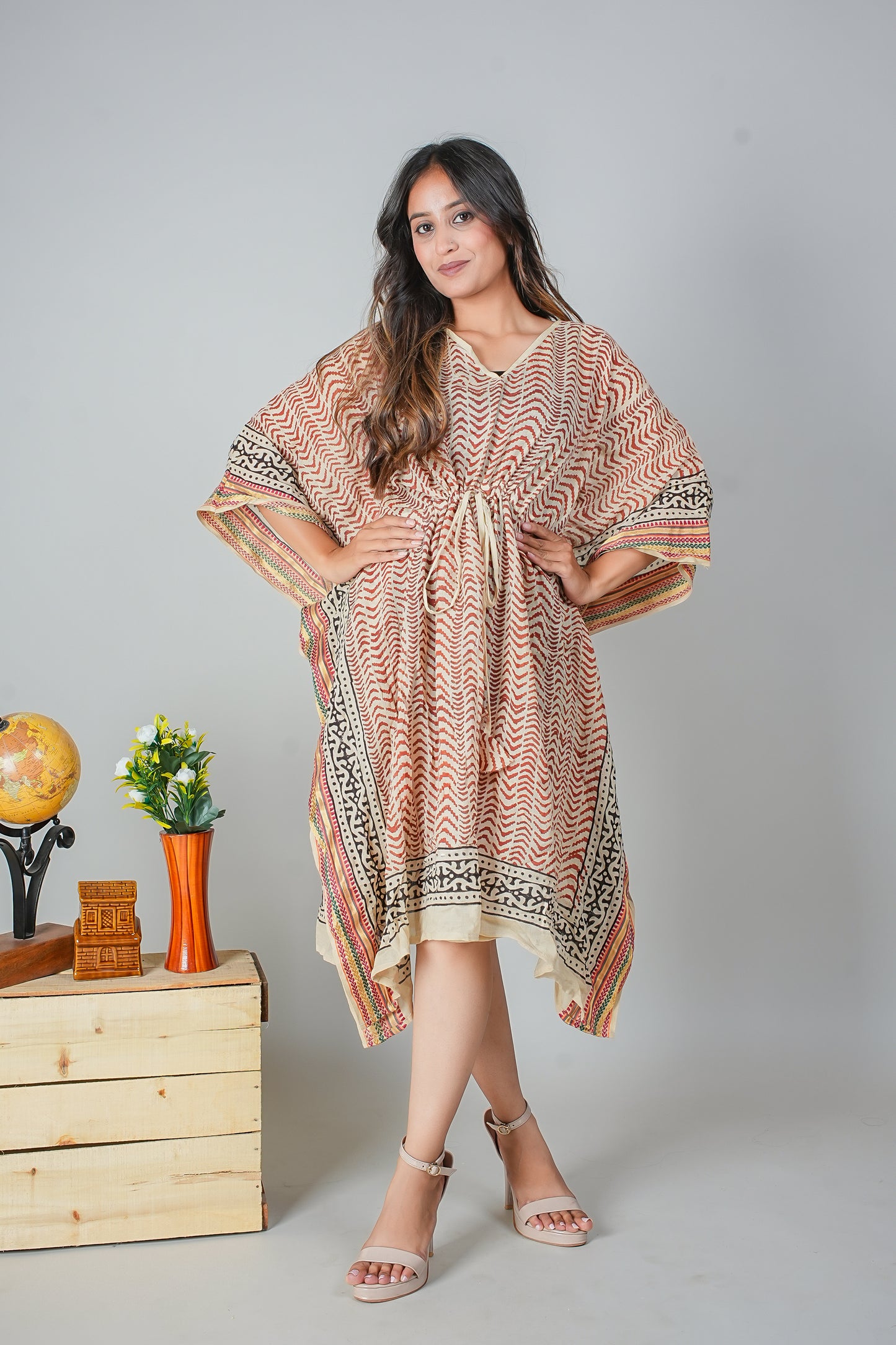 Earthy Zigzag Hand Block Printed Cotton Kaftan – Free Size Loungewear