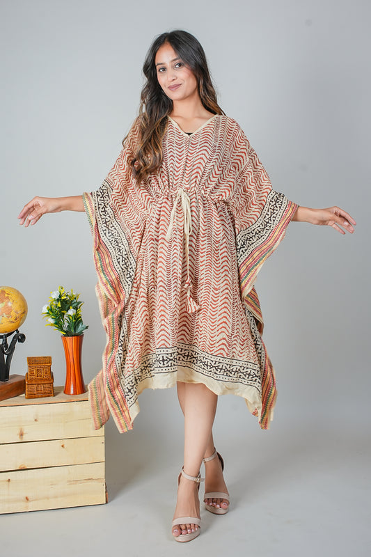 Earthy Zigzag Hand Block Printed Cotton Kaftan – Free Size Loungewear