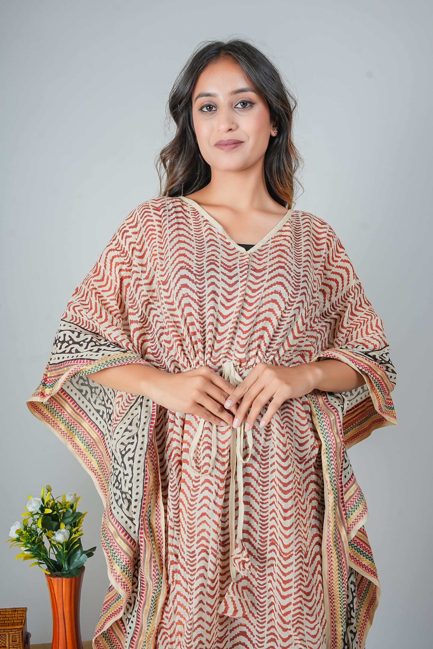 Earthy Zigzag Hand Block Printed Cotton Kaftan – Free Size Loungewear