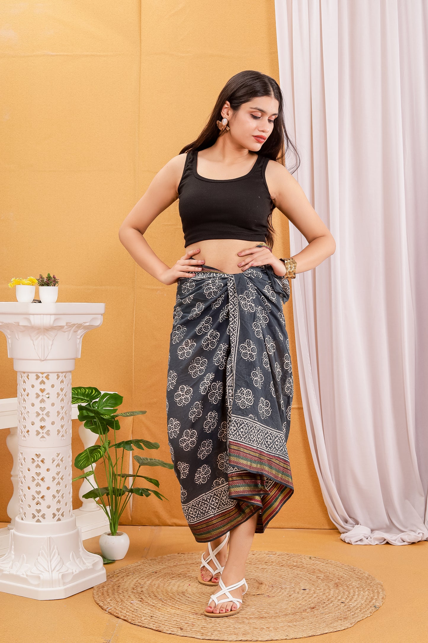 Black Color Large Sarong, Golden Border (Zari) Long Scarf, Cover up, Soft Fabric Scarf, Beach Wrap Pareo