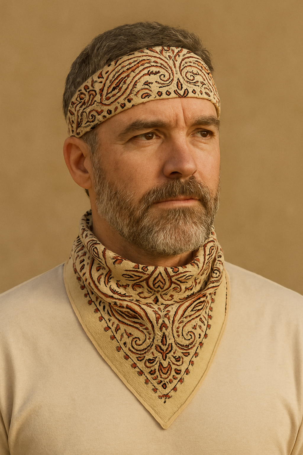 Natural Beige Bandana with Maroon & Black Paisley | Organic Cotton Scarf for Men & Women - Size 21x21 Inches