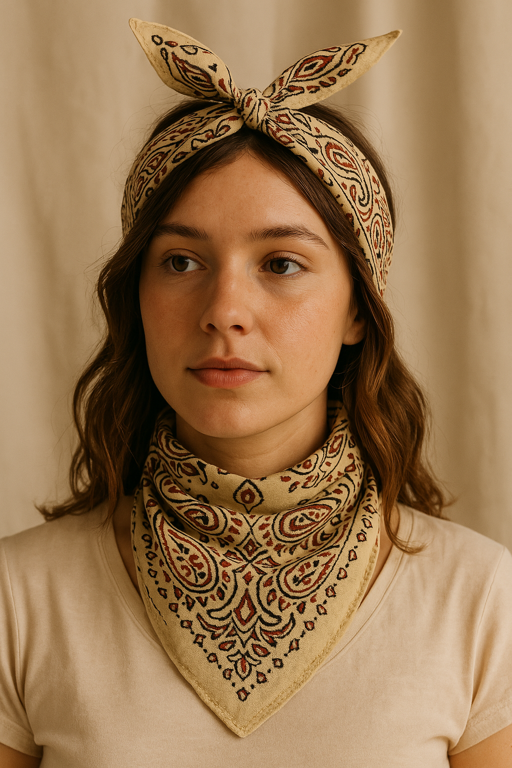Natural Beige Bandana with Maroon & Black Paisley | Organic Cotton Scarf for Men & Women - Size 21x21 Inches