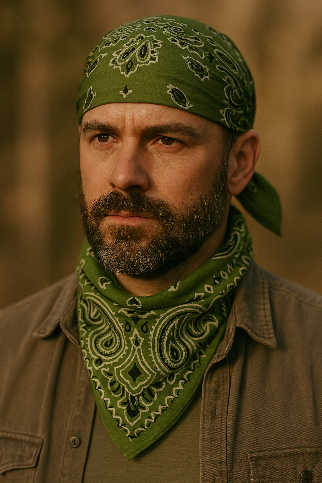 Olive Green Paisley Bandana, Unisex Organic Cotton Head & Neck Scarf for Men & Women - Size 21x21 Inches