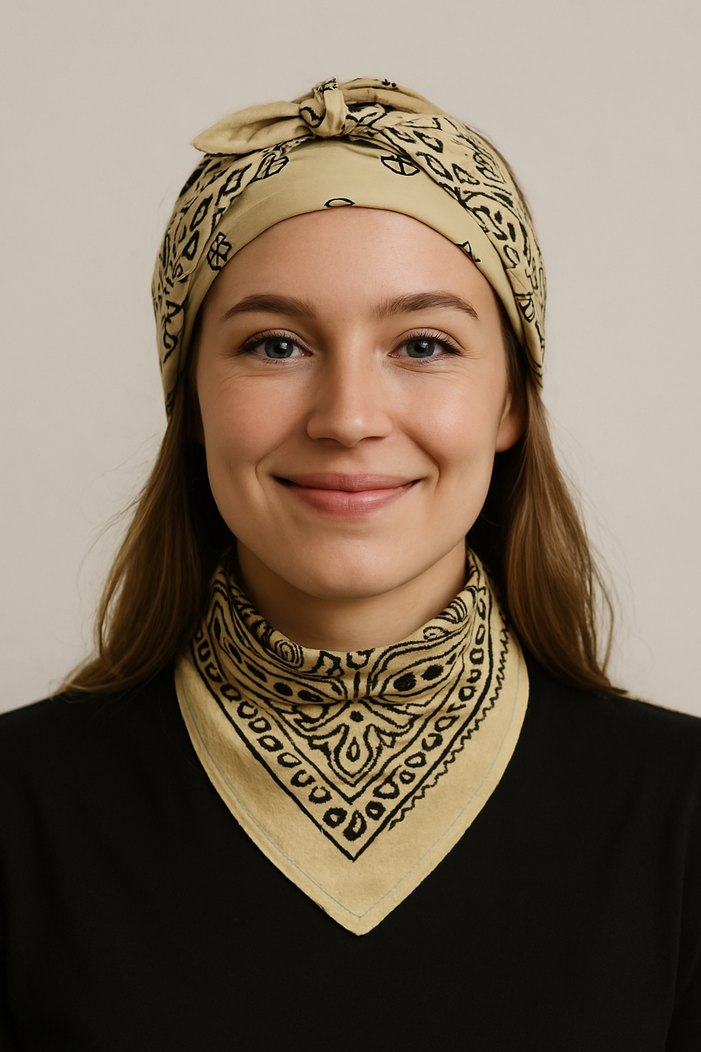 Eco-Friendly Beige & Black Paisley Bandana | Unisex Organic Cotton Scarf - Size 21x21 Inches, Hair Scarf