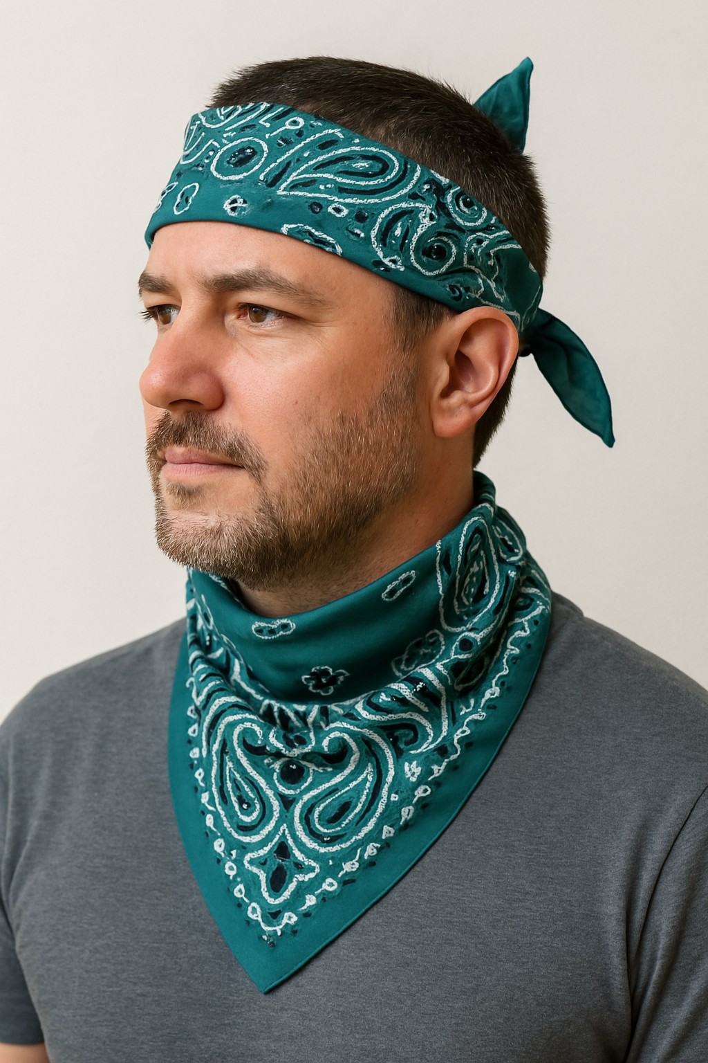 Deep Teal Head Bandana with Black & Ivory Paisley Print - Size 21x21 Inches, Hair Scarf For Men and Women