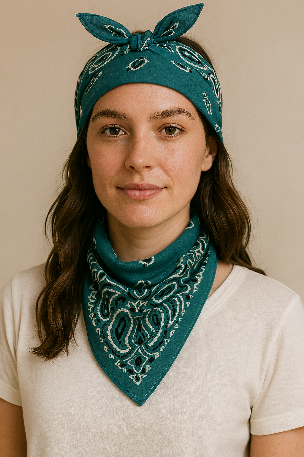 Deep Teal Head Bandana with Black & Ivory Paisley Print - Size 21x21 Inches, Hair Scarf For Men and Women