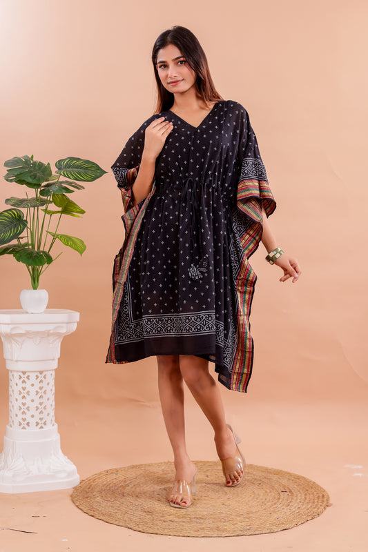 Classic Black Hand Block Printed Cotton Caftan with White Motifs & Border