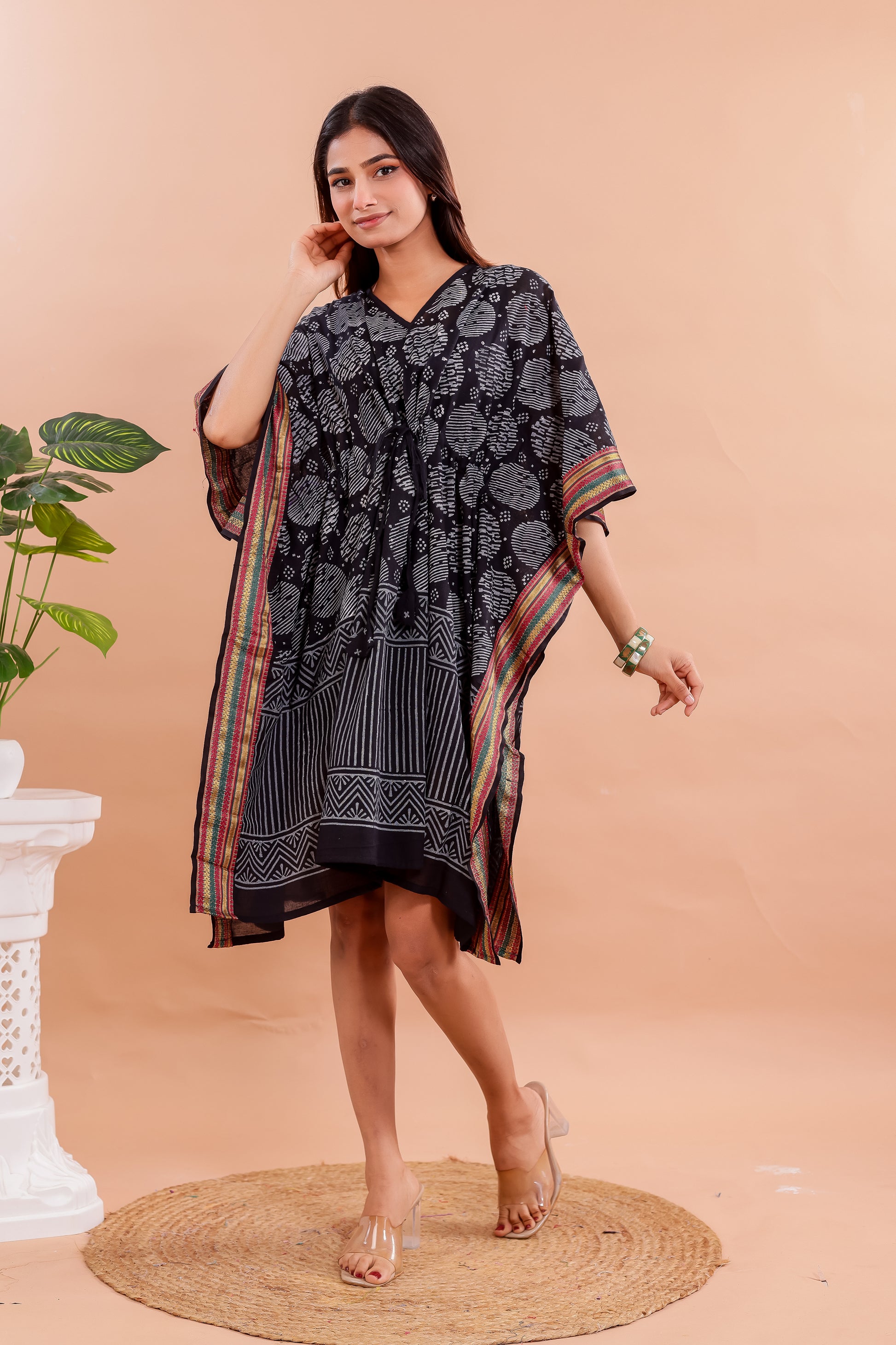 Classic Black Hand Block Printed Cotton Caftan with White Motifs and Silk Border