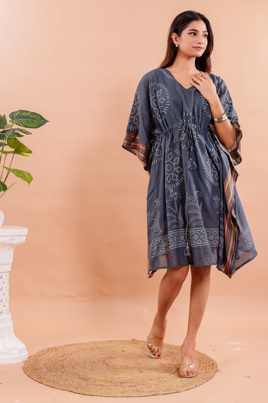Charcoal Grey Hand Block Printed Cotton Kaftan with Ethnic Floral Motifs
