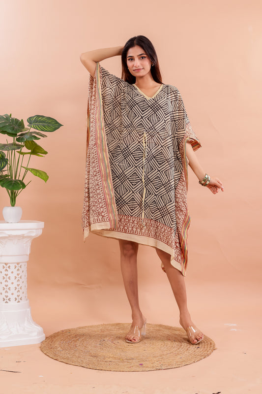 Bold Tribal Print Beige and Black Cotton Kaftan Dress with Hand Block Accents