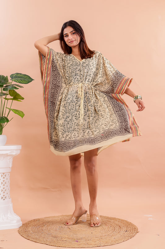 Vintage Beige Hand Block Printed Cotton Kaftan with Traditional Floral Motifs