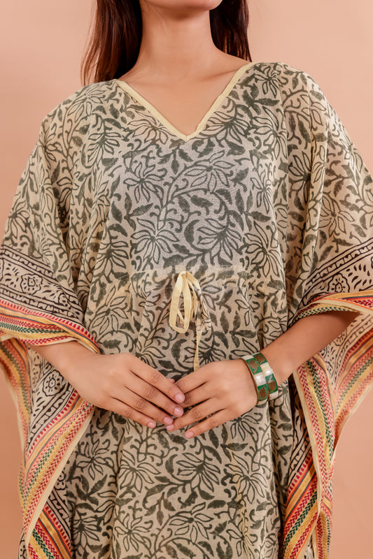 Beige and Olive Hand Block Printed Cotton Kaftan with Floral Vines and Traditional Borders