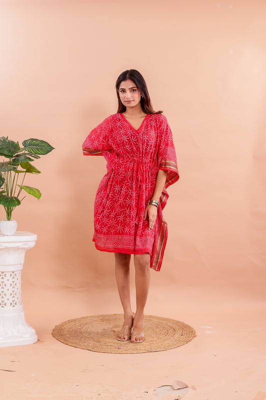 Vibrant Red Hand Block Printed Cotton Kaftan with Starry Floral Motifs & Ethnic Borders
