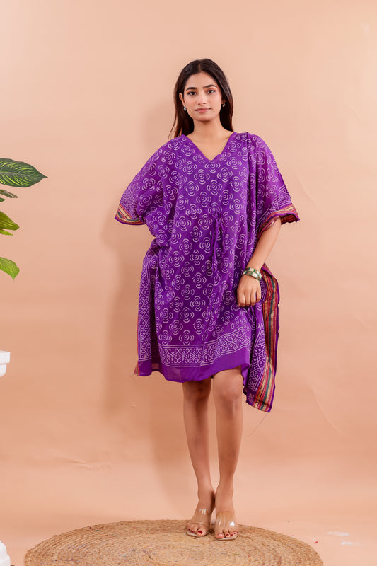 Royal Purple Hand Block Printed Cotton Kaftan with Swirl Motifs and Ethnic Borders