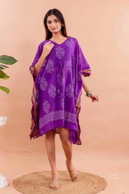 Royal Purple Hand Block Printed Cotton Kaftan with Motifs and Ethnic Borders