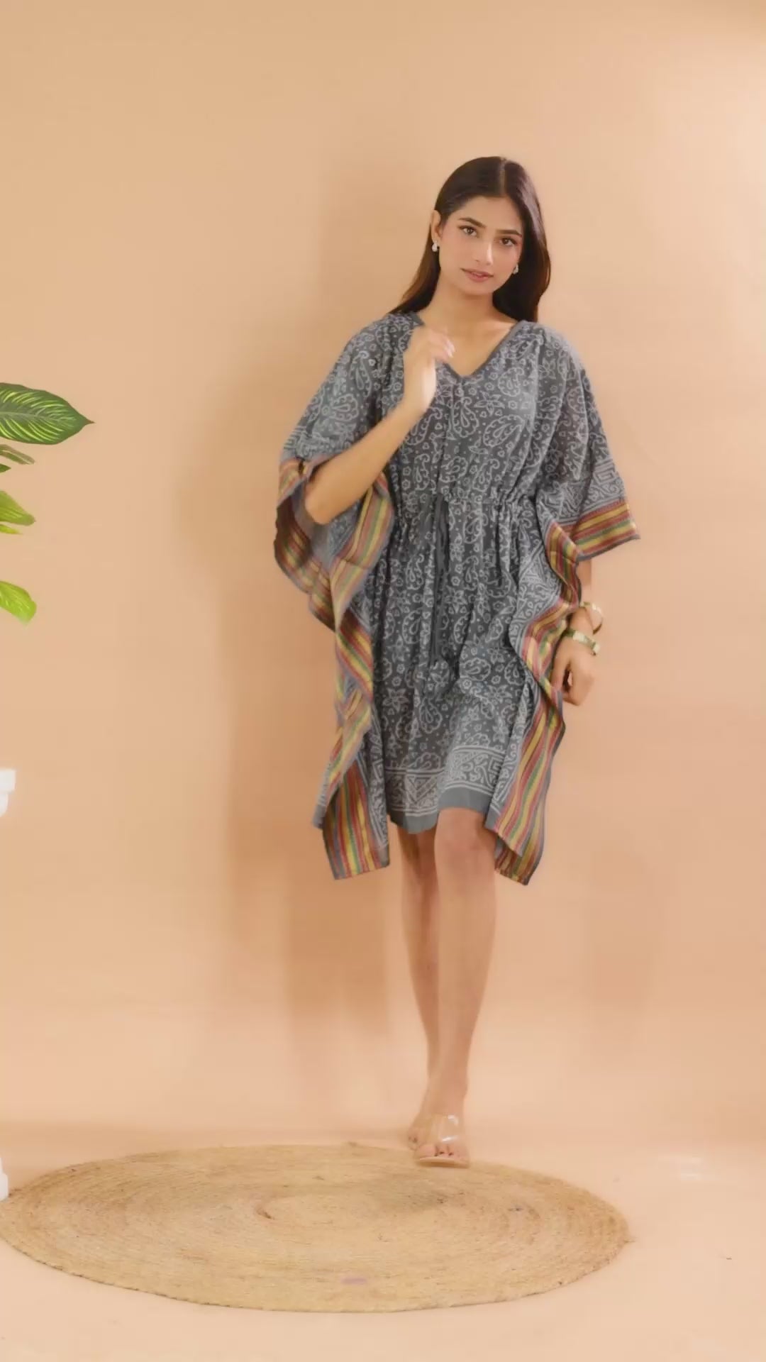 Slate Grey Hand Block Printed Cotton Kaftan with Tribal Motifs & Multicolor Border