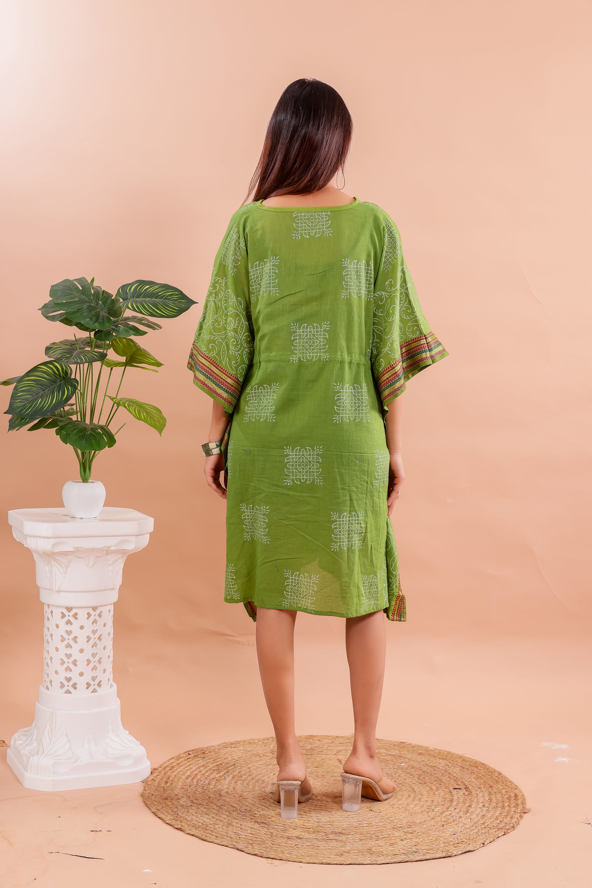 Lime Green Hand Block Printed Cotton Kaftan with Ethnic White Motifs