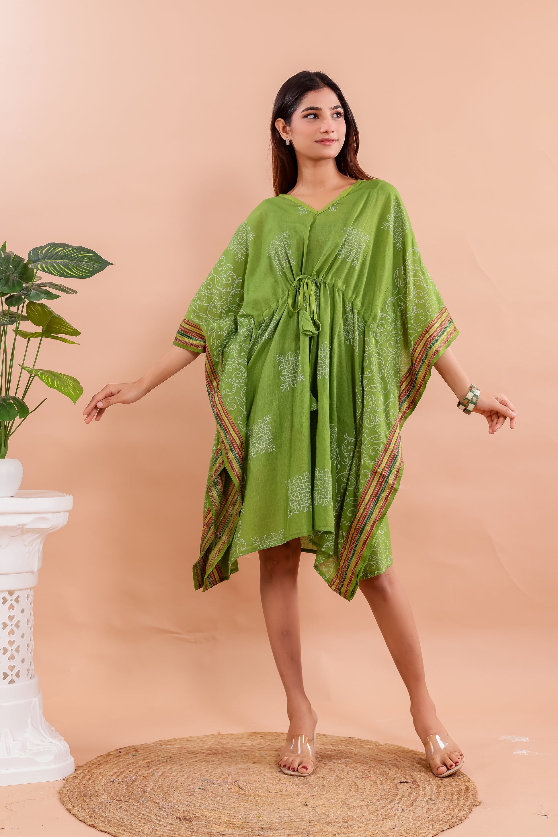 Lime Green Hand Block Printed Cotton Kaftan with Ethnic White Motifs