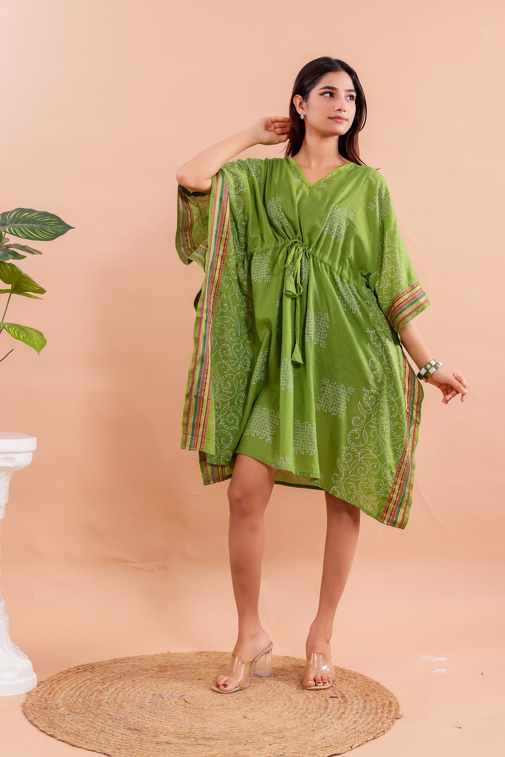 Lime Green Hand Block Printed Cotton Kaftan with Ethnic White Motifs