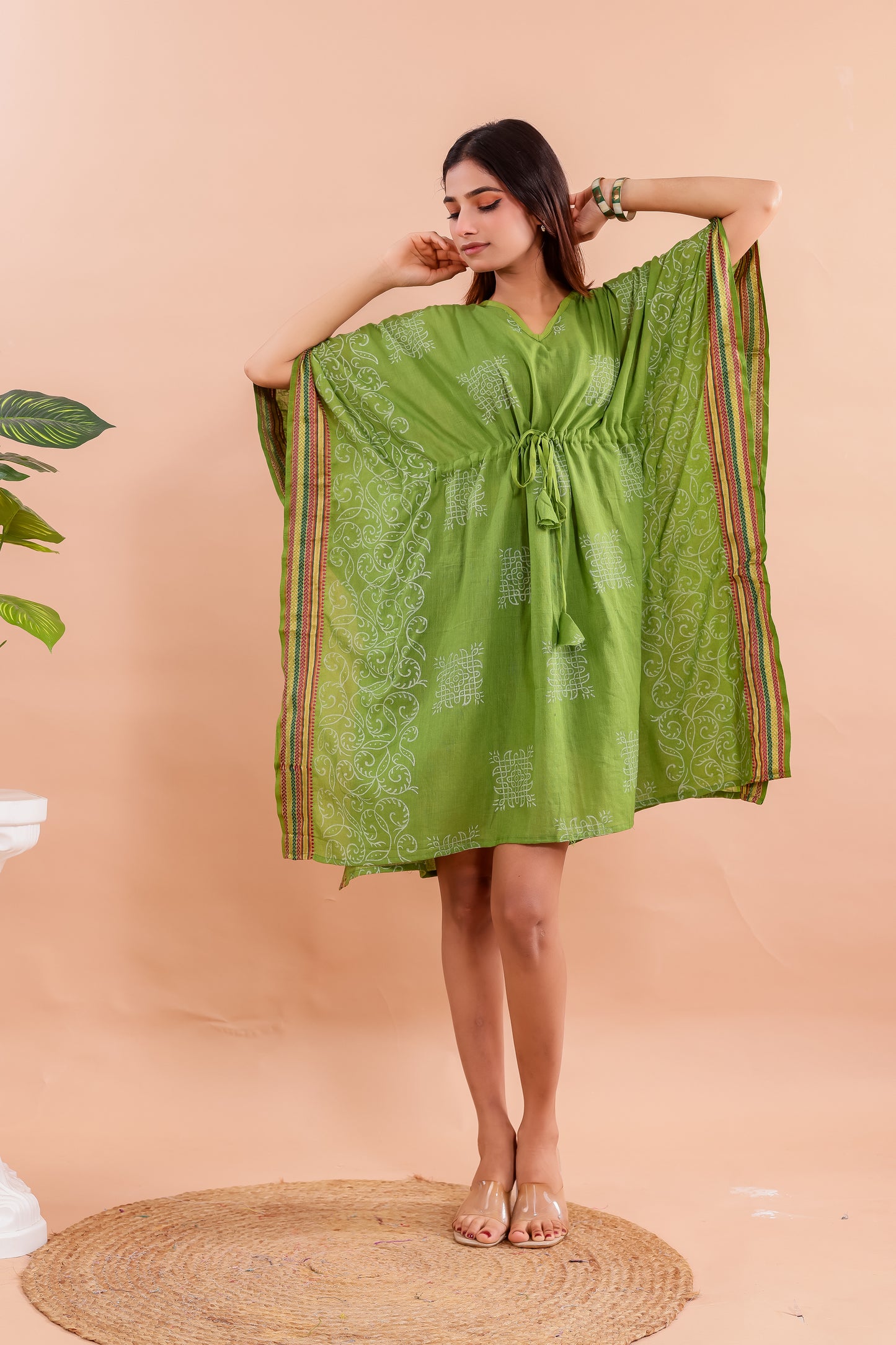 Lime Green Hand Block Printed Cotton Kaftan with Ethnic White Motifs