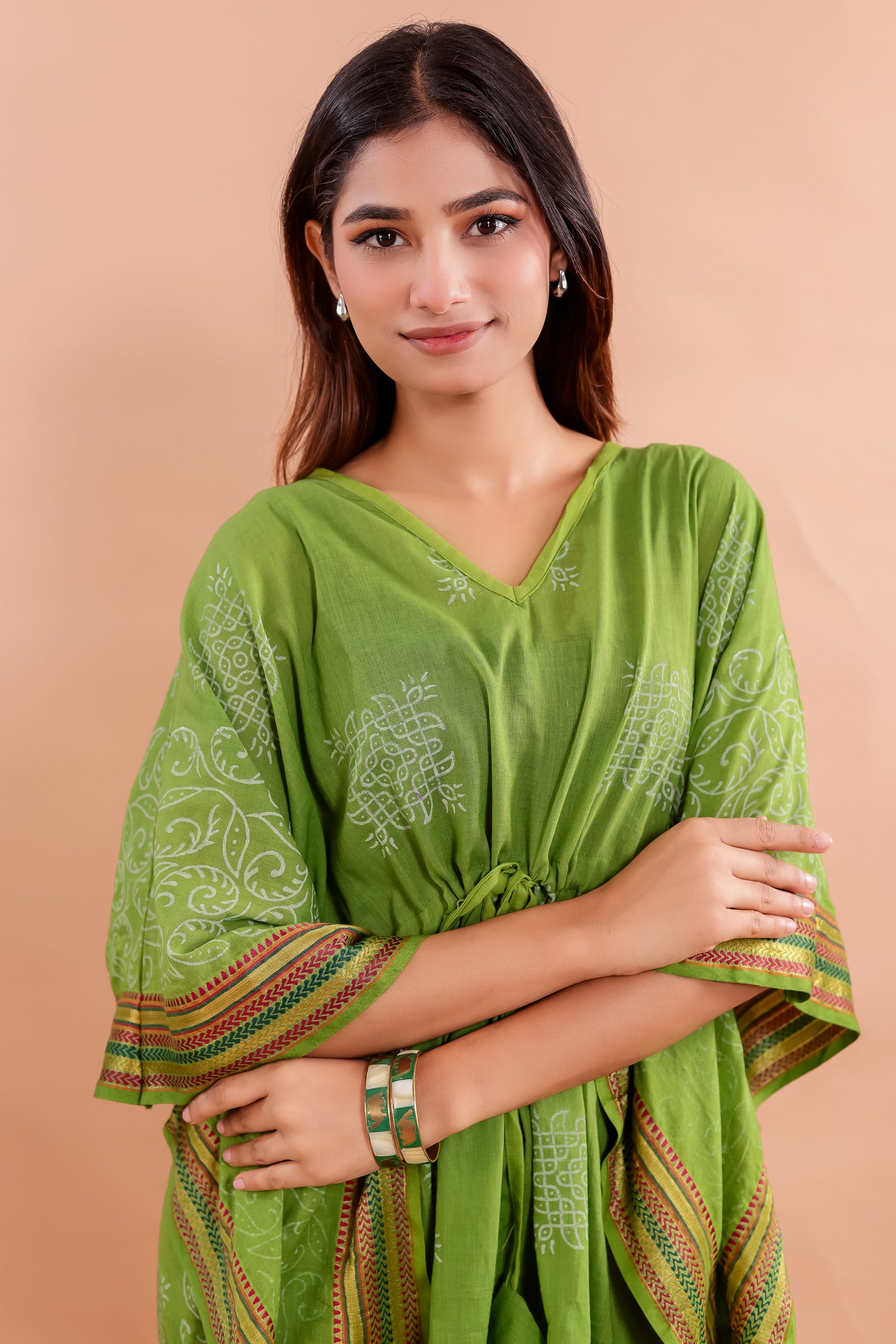 Lime Green Hand Block Printed Cotton Kaftan with Ethnic White Motifs