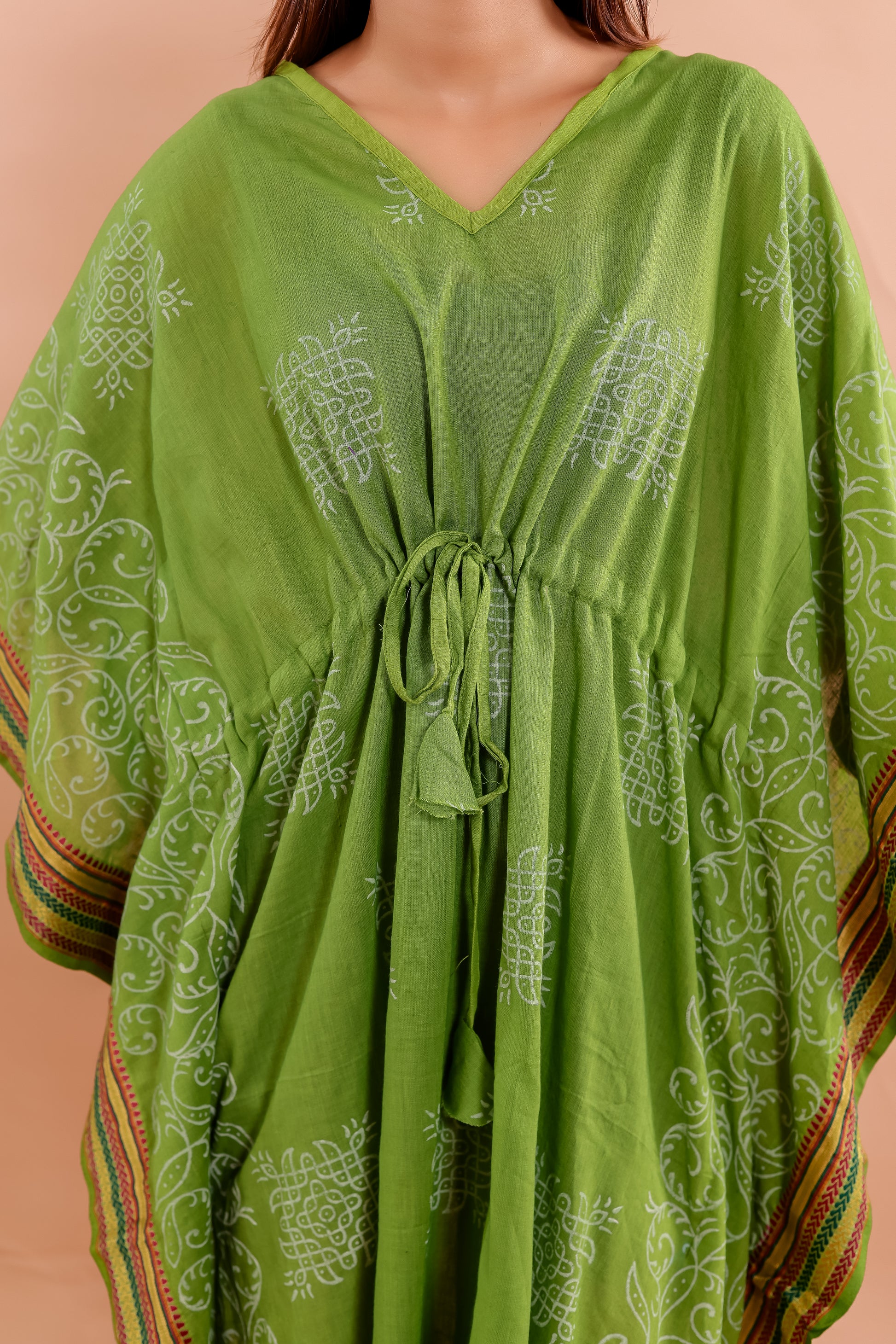 Lime Green Hand Block Printed Cotton Kaftan with Ethnic White Motifs