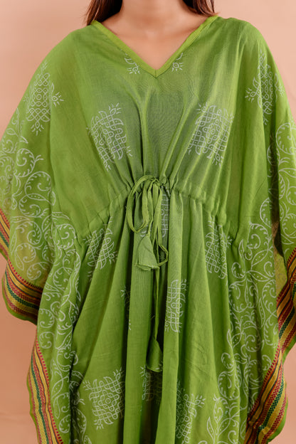 Lime Green Hand Block Printed Cotton Kaftan with Ethnic White Motifs