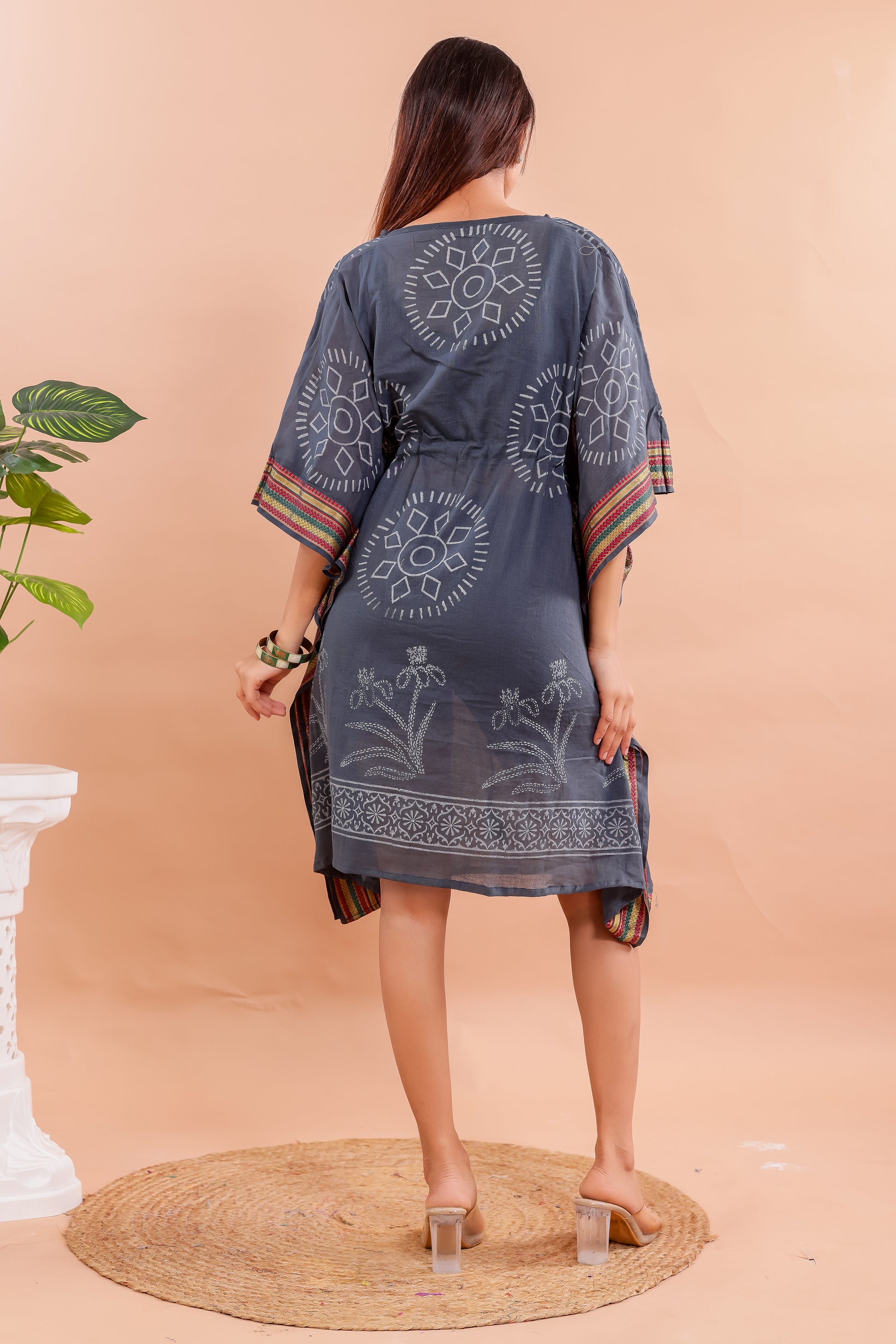 Charcoal Grey Hand Block Printed Cotton Kaftan with Ethnic Floral Motifs