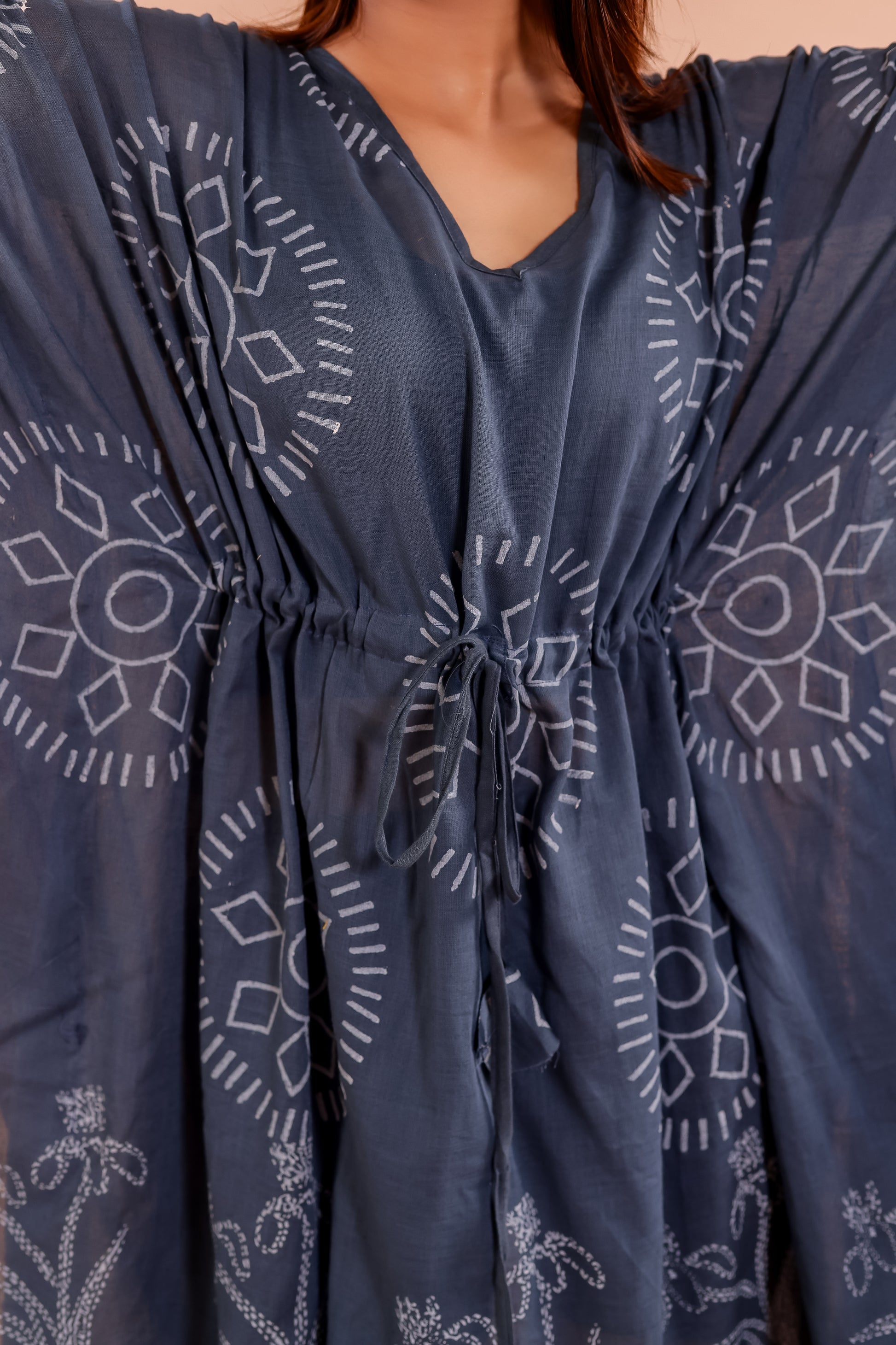 Charcoal Grey Hand Block Printed Cotton Kaftan with Ethnic Floral Motifs