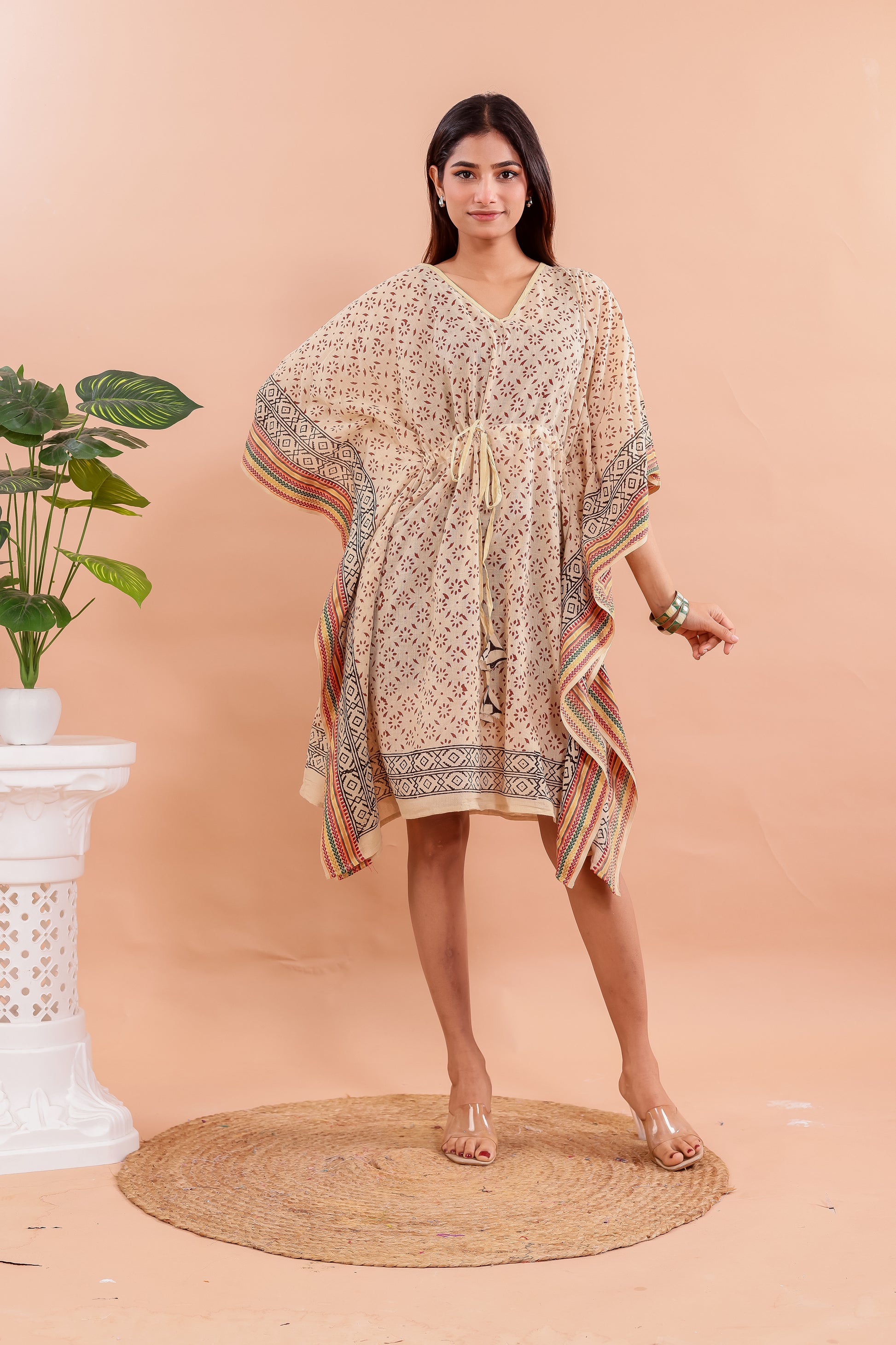 Natural Beige Hand Block Printed Cotton Kaftan with Geometric Borders