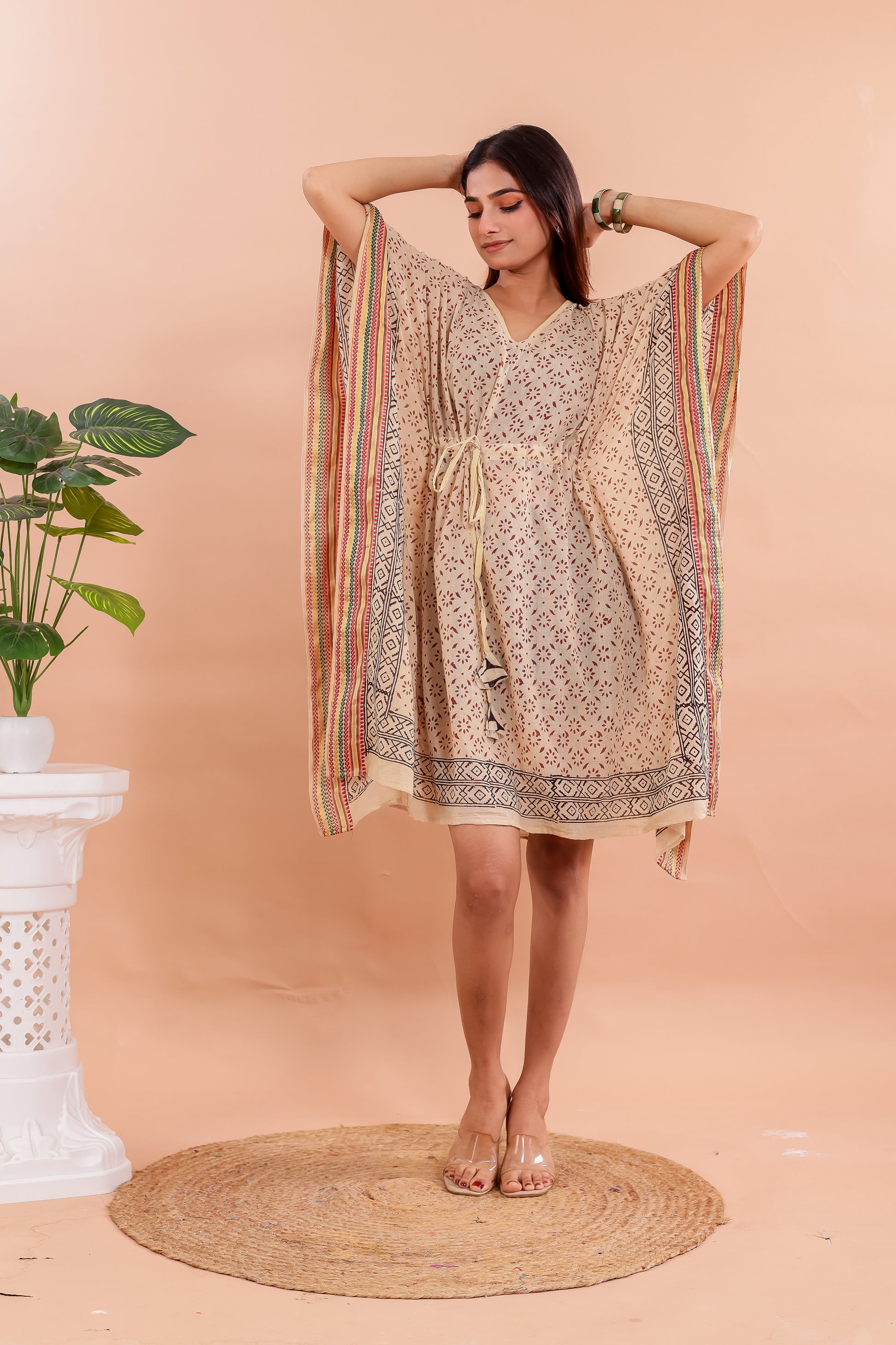 Natural Beige Hand Block Printed Cotton Kaftan with Geometric Borders