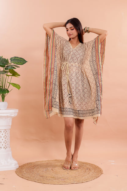 Natural Beige Hand Block Printed Cotton Kaftan with Geometric Borders