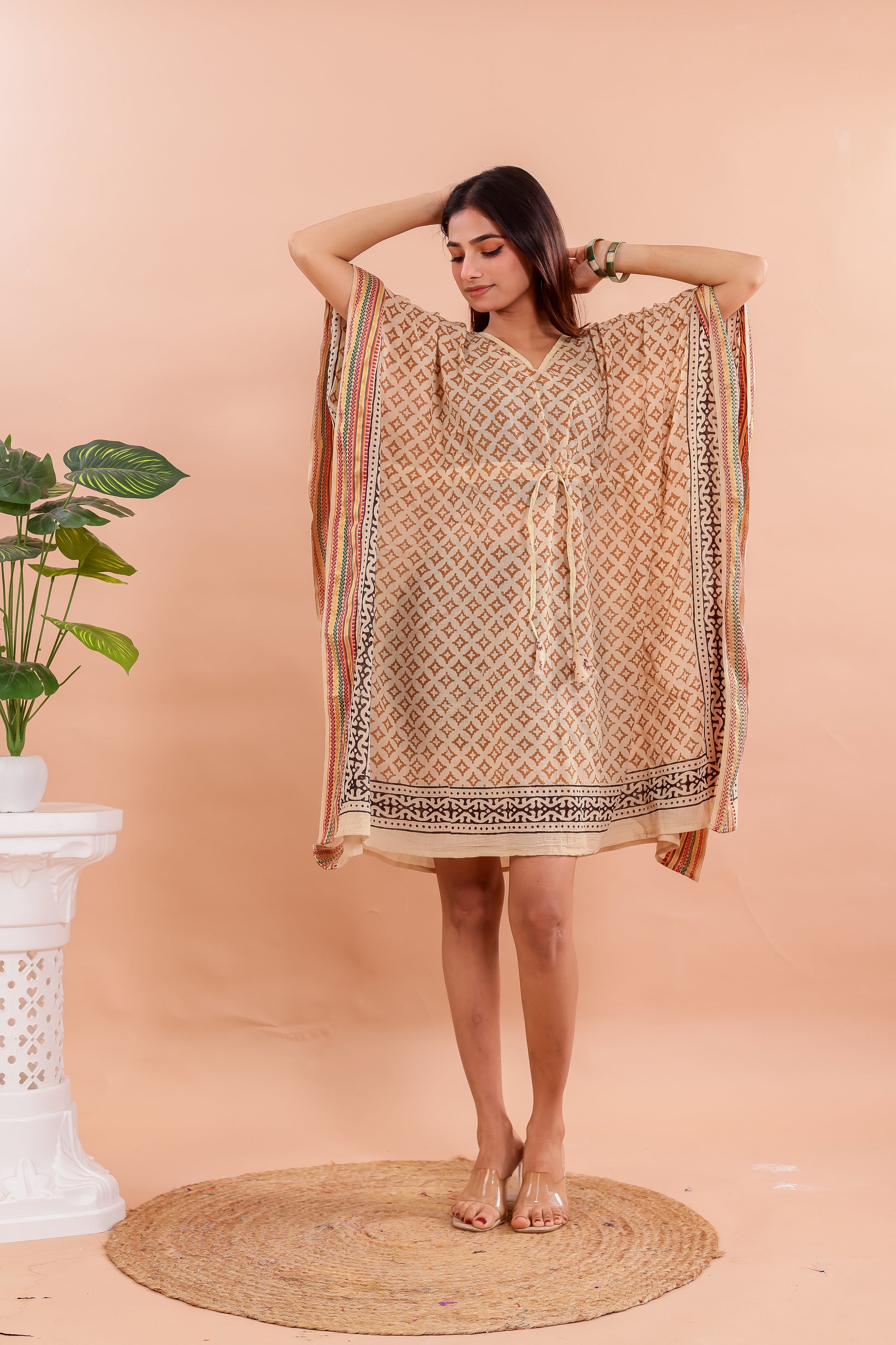 Beige Geometric Hand Block Printed Cotton Kaftan with Ethnic Borders