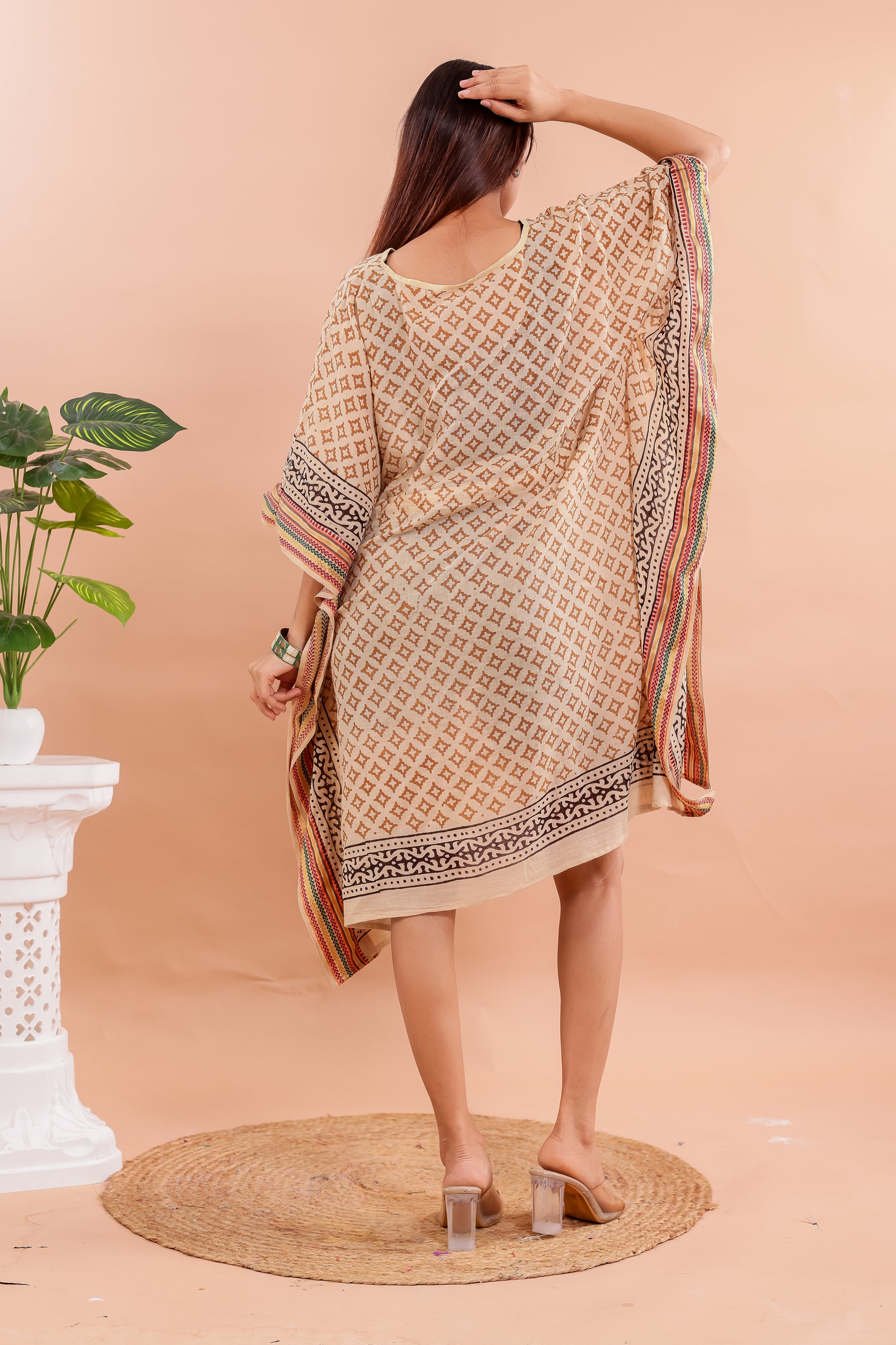 Beige Geometric Hand Block Printed Cotton Kaftan with Ethnic Borders