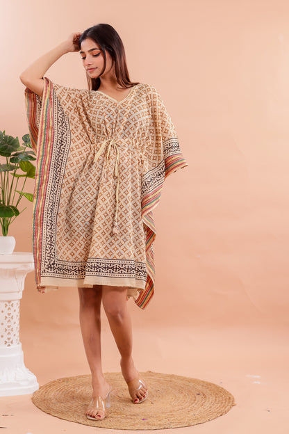 Beige Geometric Hand Block Printed Cotton Kaftan with Ethnic Borders